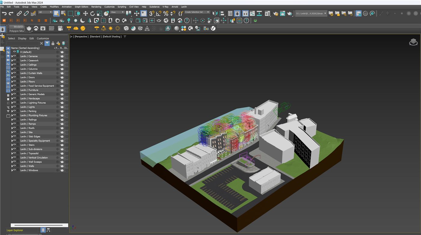 3ds Max layer explorer with Levlin layers named after Revit categories
