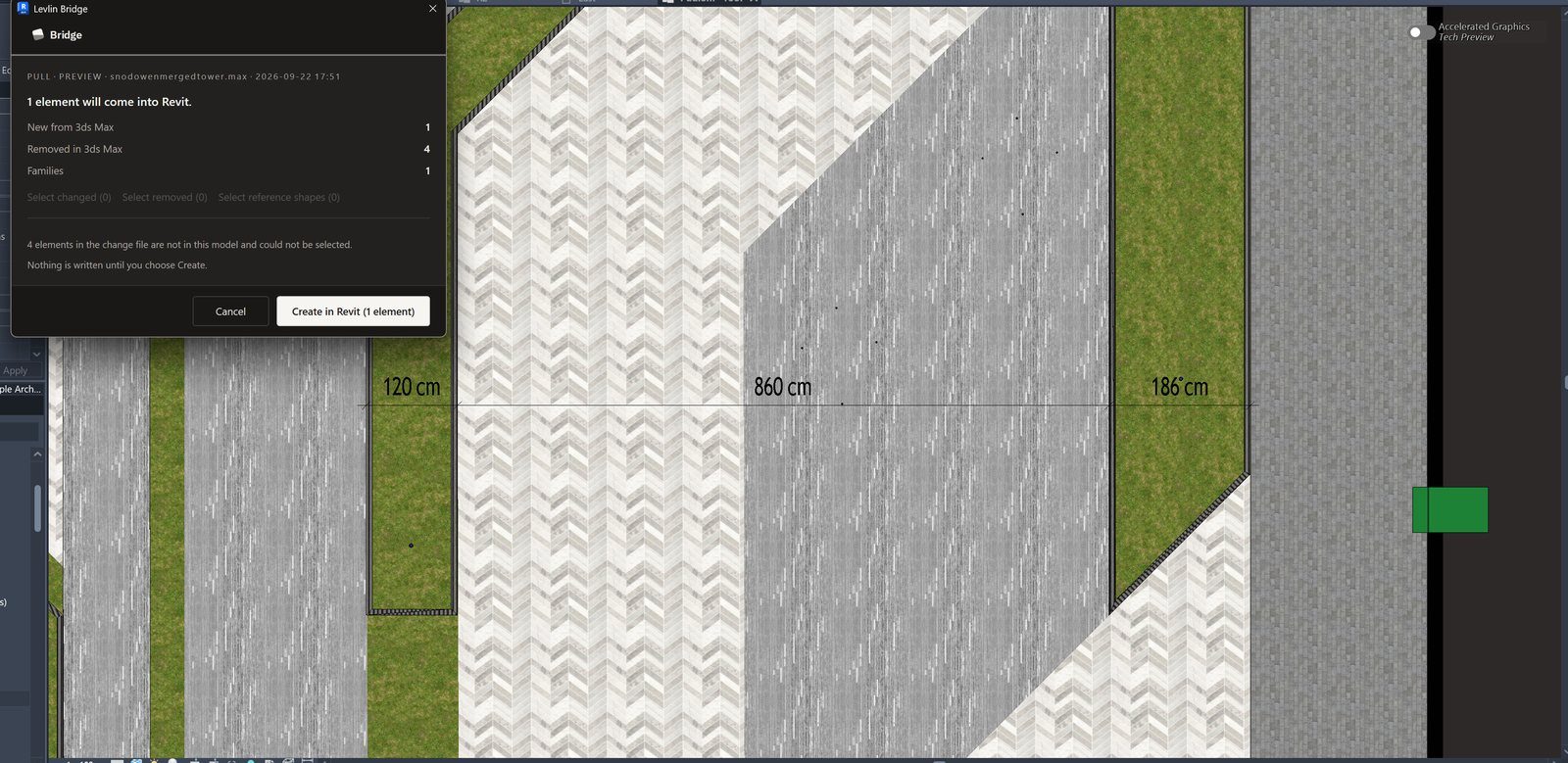 Revit floor plan before the re-pull: dimensions 120 cm, 860 cm, 186 cm; Pull preview: 1 element will come into Revit