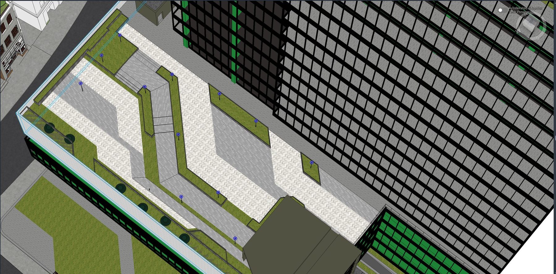 Revit 3D view: podium landscape, paving, planters and a facade grid — the geometry modelled in 3ds Max, inside Revit